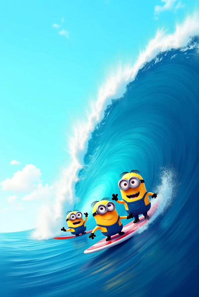 minions surfing a blue wave cartoon style