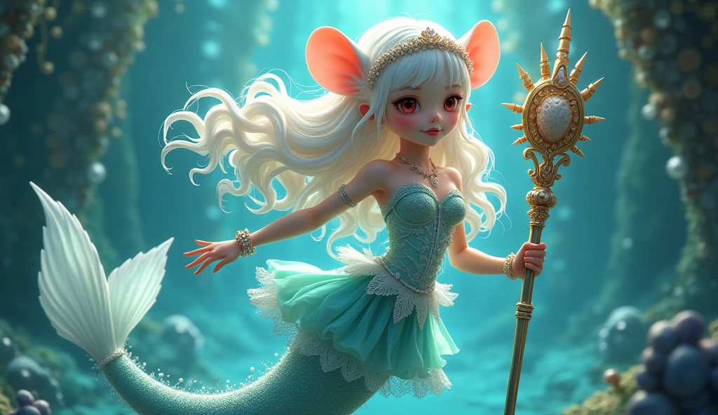 (best quality,4k,8k,highres,masterpiece:1.2),ultra-detailed, drawn in 2D anime style, Pretty albino girl magically transformed into a beautiful mermaid princess, the princess of the sea, race swap, fantastic transformation, sharp teeth, beautifully detailed lips with lipstick, she’s smiling, steampunk, fishlike, wet body, very long curly white hair adorned with hair accessories, red eyes with long eyelashes, white fur, slim body, red manicured nails, whiskers, mouse ears with pearls earrings hanging from them, long mermaid tail below waistline with shimmering cyan fish scales, pelvic and dorsal fins, a pair of fish gills on her torso, highly detailed seashell bra with intricate patterns, pearl and gold bracelets, pearl necklace, tiara made of seashells, cute turquoise princess dress, iridescent colours, physically-based rendering,gorgeous frilly dress design,flowing gown,elaborate lace details,rich textures,contrast stitching,delicate ribbon bows,fish scale accents,translucent flowing layered sleeves, translucent skirt,fitted waistline,lace-up back,luxurious fabrics,flawless silhouette, joyful expression, sparkling water, water reflections, ethereal atmosphere, subtle glow, whimsical and enchanting, gracefully swimming in a hallway, she is holding a magic staff made of seashells and pearls, underwater castle interior, intricately decorated room, magical underwater lighting, vivid colors, breathing underwater, endless ocean depths, light filtering through the water.