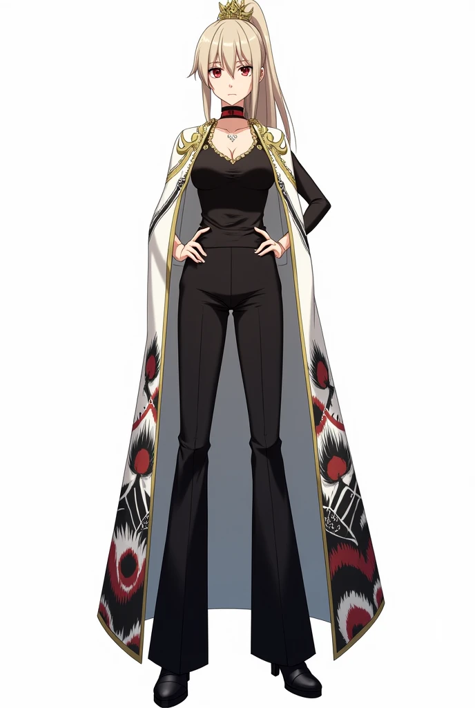 draw in anime style in full growth on a white background: a tall woman with ash blond hair, split bangs in 2 sides, and a 1 high ponytail. She wears a black tank top with gold detailing, and on top of the tank top is a white long cape with wide sleeves with black, white and red peacock feather detailing. She is also wearing black wide pants and black shoes. She also has a hairpin with a black, white and red peacock feather on her head. Her eyes are red and not big. She also has gold accessories on her head. She must seem a rich and cool woman. Make her expression serious or in a dynamic pose