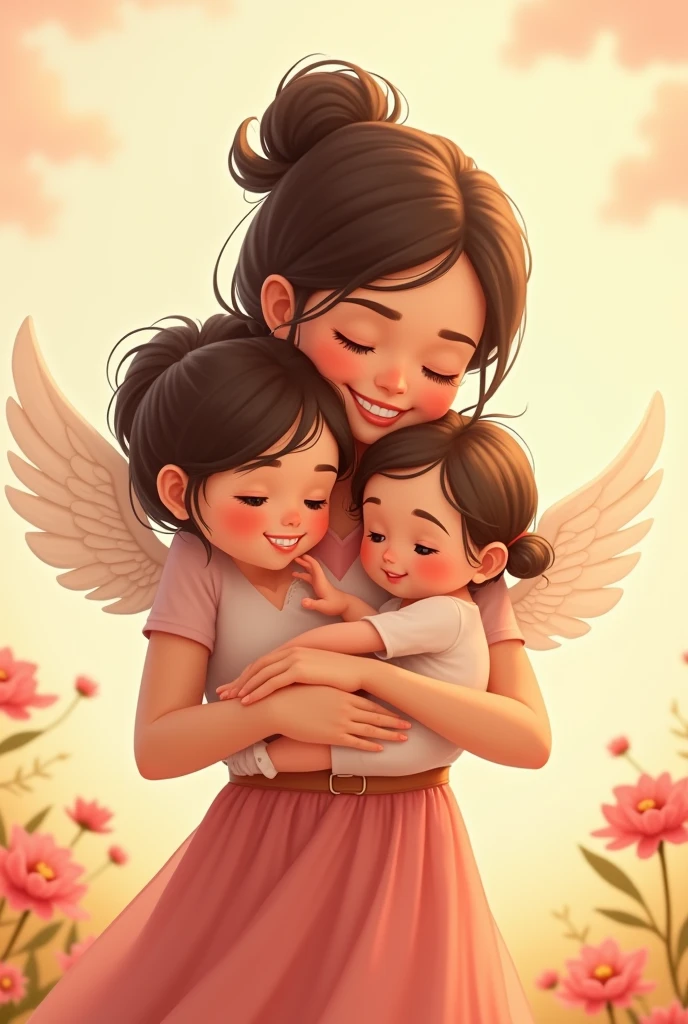 A mother carrying a girl and a baby with wings in a cartoon style