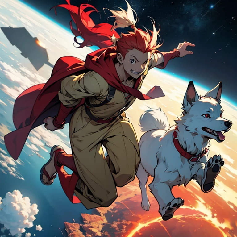 Senku, a character inspired by the anime Dr.. Stone, exploring space without a helmet and with bright red hair. And he runs in the air, accompanied by his crypto dog who is white with a red cape