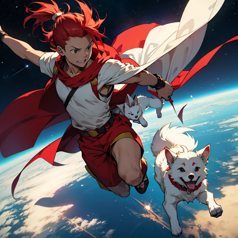 Senku, a character inspired by the anime Dr.. Stone, exploring space without a helmet and with bright red hair. And he runs in the air, accompanied by his crypto dog who is white with a red cape 