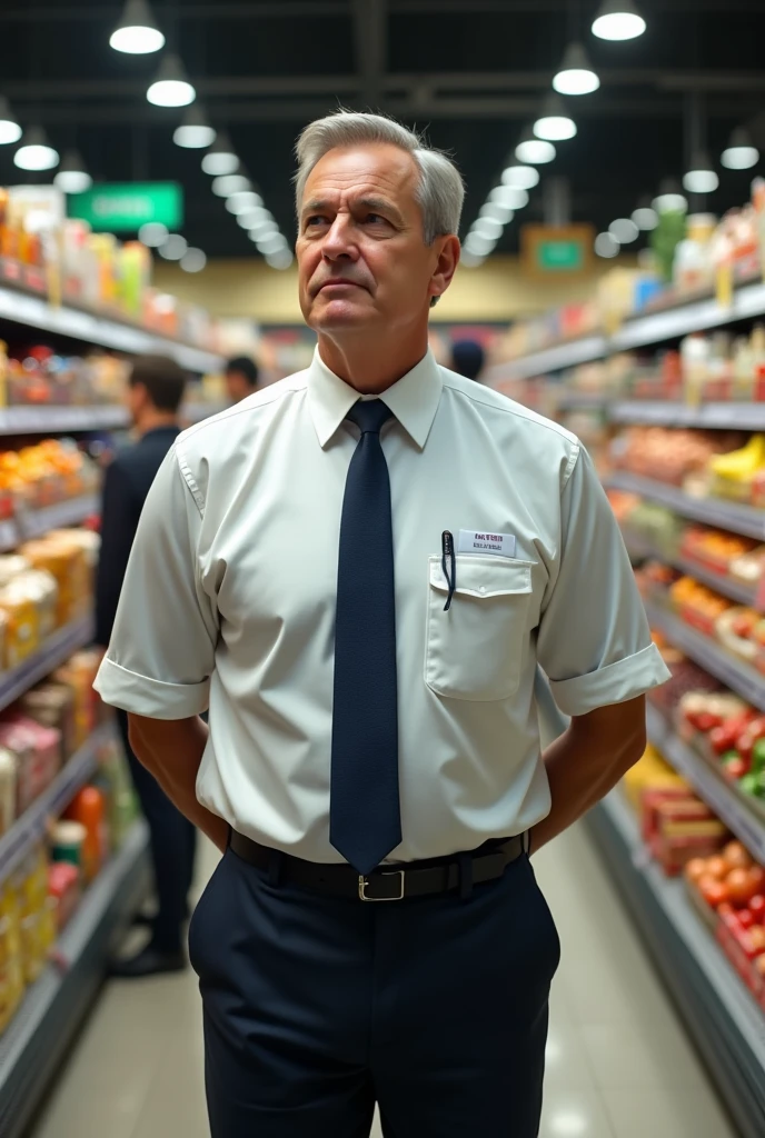 man in supermarket manager outfit