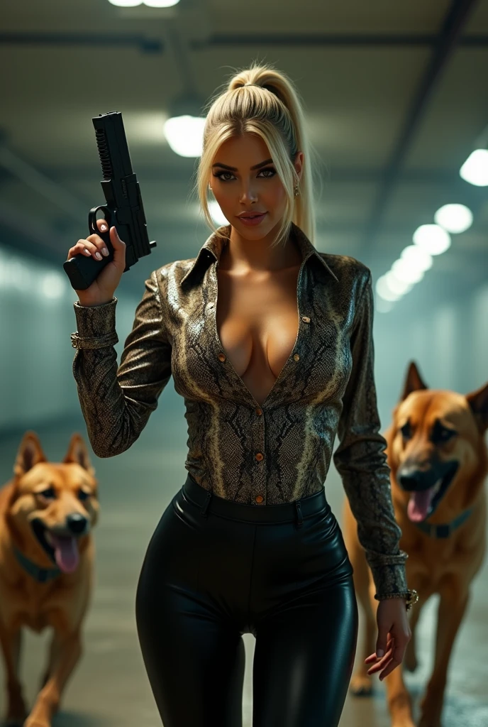 Kim Kardashian with very light blonde straight hair in a ponytail, in a tight shirt with snake pattern, and buttons, with a large cleavage, and in a black latex leggings, she aims a gun at someone, it is in a well-lit underground car park, behind her are aggressive dogs with open mouths and sharp teeth running towards her