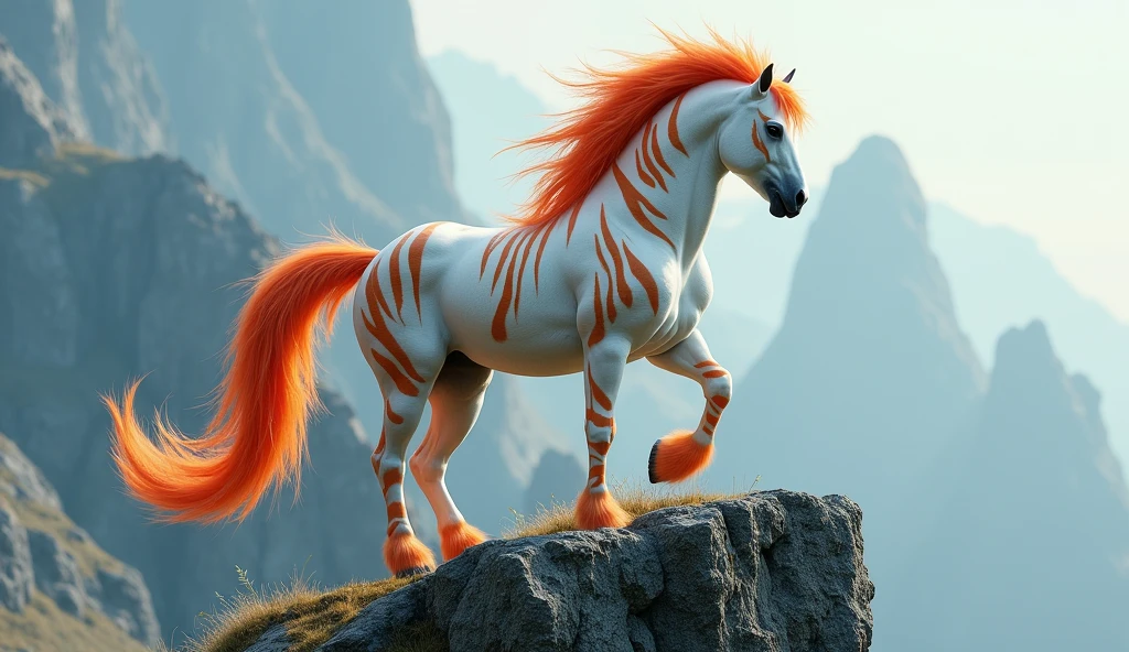 There is a kind of horse on the mountain,With white hair,Tiger stripes,Red tail(best quality,4K,8k,High level,masterpiece:1.2),Ultra Detailed,(lifelike,Photo real,Photo real:1.37)