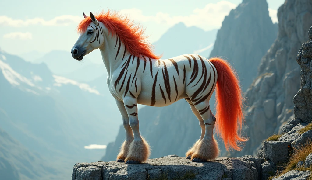 There is a kind of horse on the mountain,With white hair,Tiger stripes,Red tail(best quality,4K,8k,High level,masterpiece:1.2),Ultra Detailed,(lifelike,Photo real,Photo real:1.37)