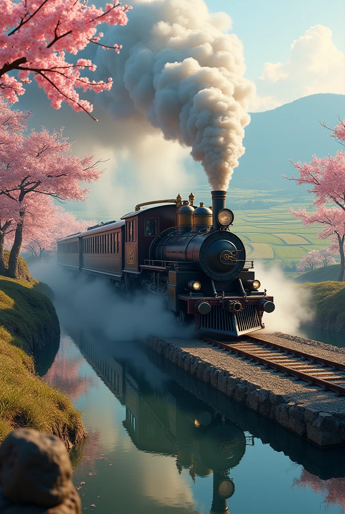 Absurd, High resolution, Super detailed, beautiful, masterpiece, Highest quality、reflection、Realな質感、Realistic、Real、Realistic、Blur、steam locomotive、Running along the tracks、Spiral track、cloud、Cherry blossom trees、SakuraFubuki、Realな蒸気、Vast rice fields、stone bridge、