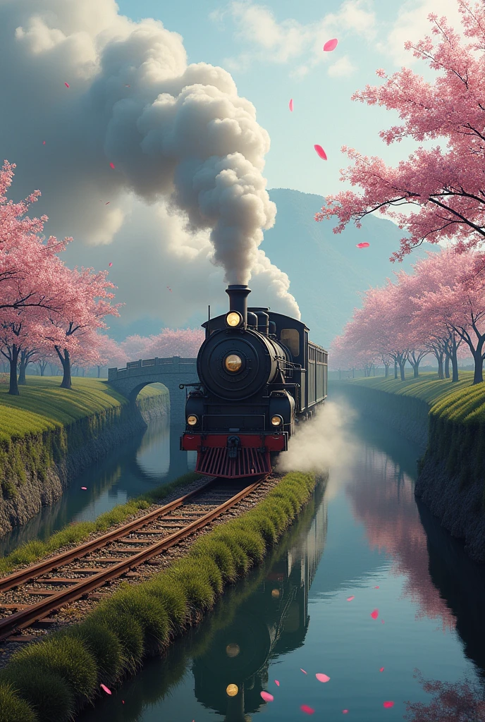 Absurd, High resolution, Super detailed, beautiful, masterpiece, Highest quality、reflection、Realな質感、Realistic、Real、Realistic、Blur、steam locomotive、Running along the tracks、Spiral track、cloud、Cherry blossom trees、SakuraFubuki、Realな蒸気、Vast rice fields、stone bridge、