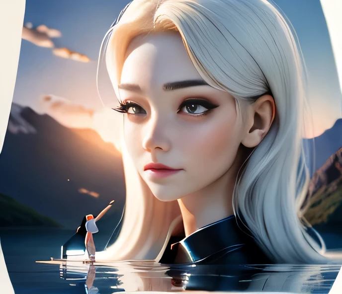 Beautiful woman standing in the lake in front of a mountain