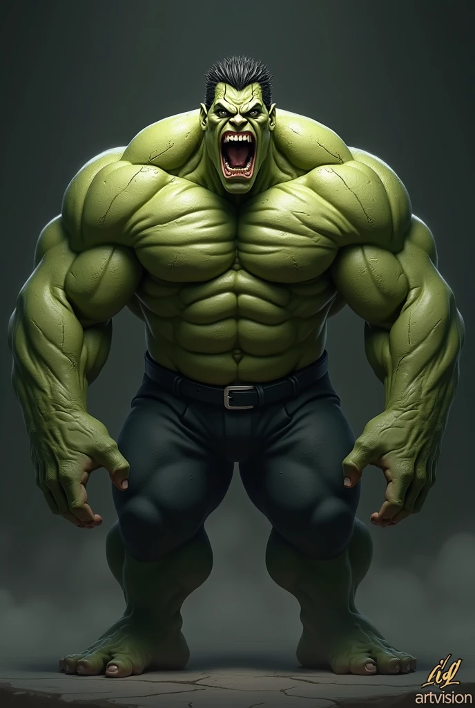 Digital illustration of a muscular, green-skinned character with exaggerated, bulging muscles and a fierce expression. The character's face is contorted in a roar, showing white teeth and a furrowed brow. The skin has a textured, almost stone-like appearance with visible cracks and shading that accentuates the muscle definition. The character has short, dark hair and is wearing dark pants. The background is a gradient of dark colors, which helps to highlight the character's imposing figure. The overall style is highly detailed and realistic, with a focus on the character's intense emotion and physical power. In the bottom right corner, a small, elegant signature reads "IG" by "Artvision", subtly adding a touch of artistic flair to the composition.4K, anatomically correct, masterpiece, high details, award winning, high quality, super detail, best quality, 8k