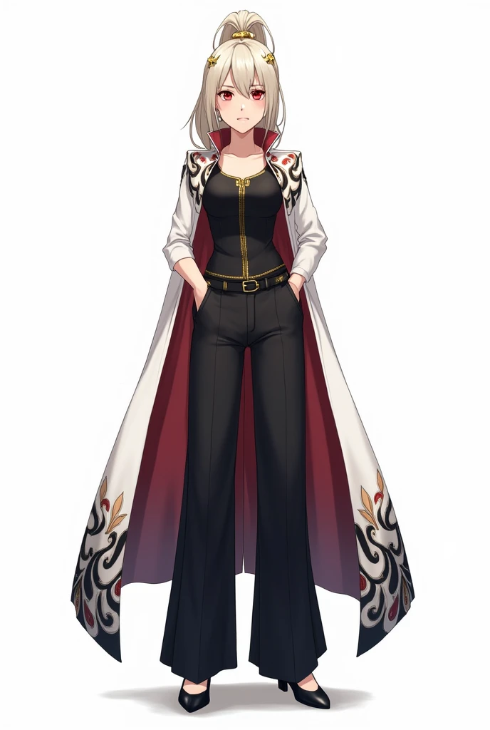 draw in anime style in full growth on a white background: a tall woman with ash blond hair, split bangs in 2 sides, and a 1 high ponytail. She wears a black tank top with gold detailing, and on top of the tank top is a white long cape with wide sleeves with black, white and red peacock feather detailing. She is also wearing black wide pants and black shoes. She also has a hairpin with a black, white and red peacock feather on her head. Her eyes are red and not big. She also has gold accessories on her head. She must seem a rich and cool woman. Make her expression serious or in a dynamic pose
