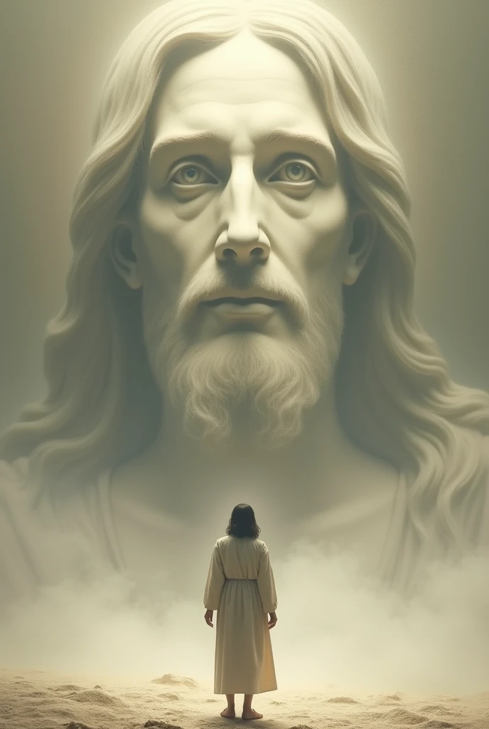 A serene scene where a Christian in simple clothing stands with his back to the viewer, looking at a colossal, ethereal face of Jesus that appears to be formed from mist and smoke. Jesus' face occupies the top part of the image, with a soft and calm expression. The background is a light, textured surface, creating a spiritual and contemplative atmosphere