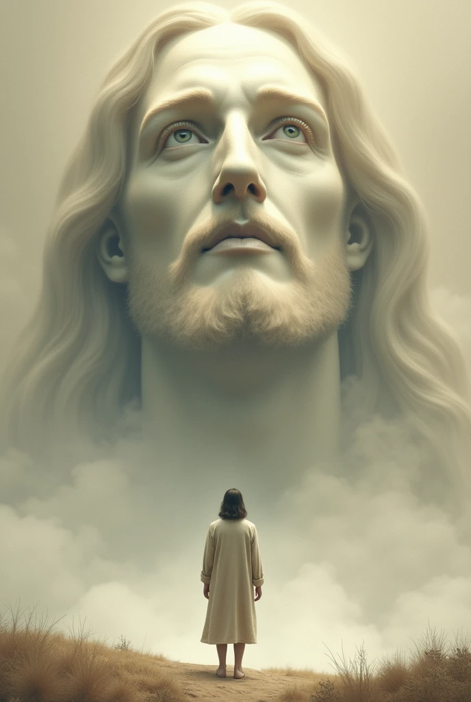 A serene scene where a Christian in simple clothing stands with his back to the viewer, looking at a colossal, ethereal face of Jesus that appears to be formed from mist and smoke. Jesus' face occupies the top part of the image, with a soft and calm expression. The background is a light, textured surface, creating a spiritual and contemplative atmosphere
