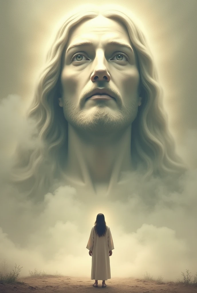 A serene scene where a Christian in simple clothing stands with his back to the viewer, looking at a colossal, ethereal face of Jesus that appears to be formed from mist and smoke. Jesus' face occupies the top part of the image, with a soft and calm expression. The background is a light, textured surface, creating a spiritual and contemplative atmosphere