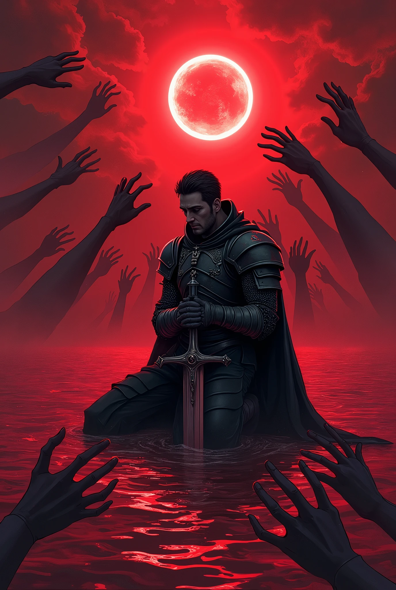 Draw a knight kneeling in a red sea leaning on his sword with several hands holding him in the sea with an eclipse in the background.. Dark cartoon anime style drawings
