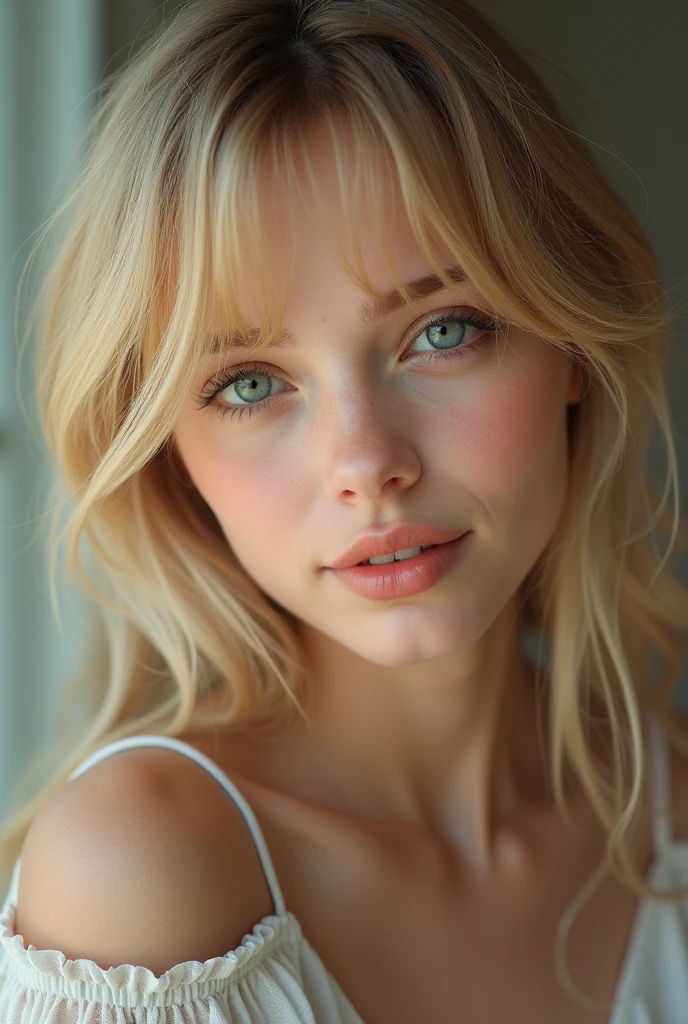 Create a woman for me very real and hot with big breasts, perfect smallest details . I want it very realistic and real.
I want her at a young age, aged 19. Hair is light blonde, with a soft golden tone.  It is smooth and appears to be thin, with medium length,  descending a little below the shoulders. The bangs are parted in the middle and softly shaped around the face..
I want an oval face , with soft contours and balanced proportions .
Eyes are a light blue shade, medium to large size. And they have a slightly rounded shape with visible eyelids and light eyelashes..
Eyebrows are finished in a similar color to hair . ligeiramente arqueadas, following the natural shape of the eyes . 
Nose is small and delicate, with a straight shape . 
The mouth is of medium size, with full lips. 
The skin is fair with a pinkish tone , especially on the cheeks , which gives a healthy and youthful appearance.