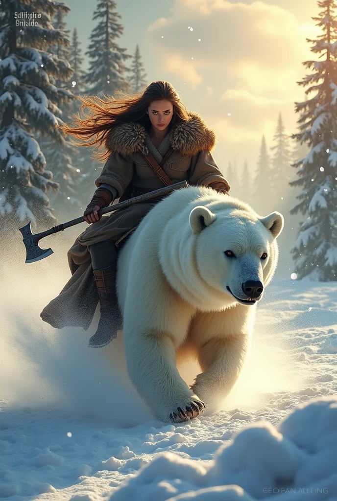 photorealistic of a female Viking warrior with long hair wearing a brown bear fur cloak riding a huge polar bear, detailed face, beautiful woman, holding axe with one hand, charging forward, cowboy shot, snow storm, secluded background, snow forest background, dramatic lighting, high contrast, sunset lighting
