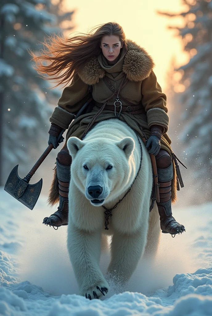 photorealistic of a female Viking warrior with long hair wearing a brown bear fur cloak riding a huge polar bear, detailed face, beautiful woman, holding axe with one hand, charging forward, cowboy shot, snow storm, secluded background, snow forest background, dramatic lighting, high contrast, sunset lighting
