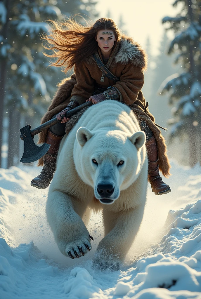 photorealistic of a female Viking warrior with long hair wearing a brown bear fur cloak riding a huge polar bear, detailed face, beautiful woman, holding axe with one hand, charging forward, cowboy shot, snow storm, secluded background, snow forest background, dramatic lighting, high contrast, sunset lighting
