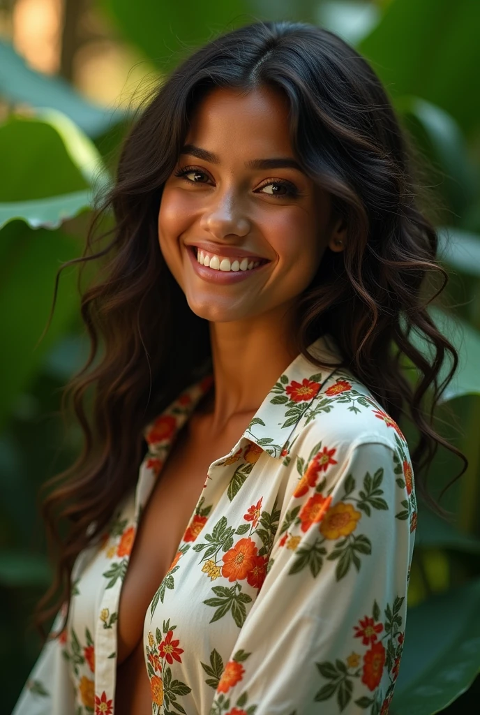 A Brazilian woman in a lush tropical garden, wearing an open shirt with a floral print, with a close-up capturing the harmonious beauty between her breasts and the natural flowers, showing off your natural charm and outgoing personality.