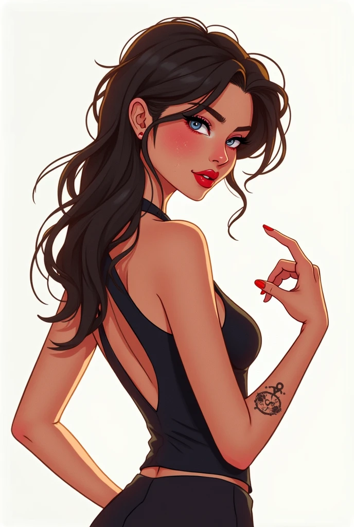 image of a girl with her back facing the viewer, She should be showing her injured hand, with the focus on her hair, back, and the hand. have a curvy figure and be dressed in stylish, cool clothing." Cartoon style