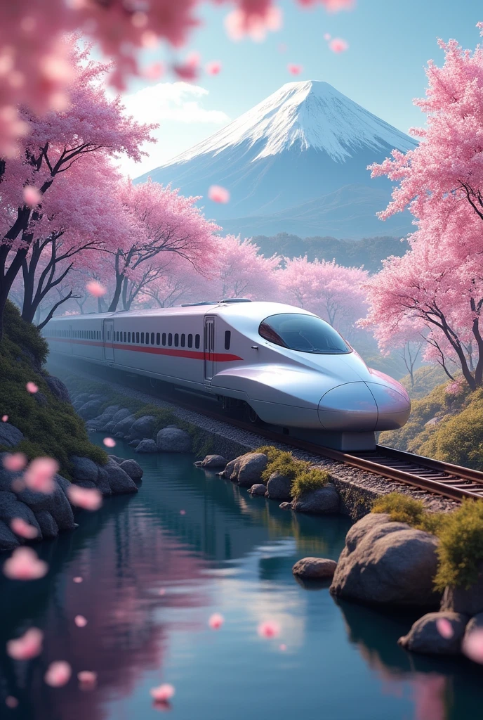 Absurd, High resolution, Super detailed, beautiful, masterpiece, Highest quality、reflection、Realな質感、Realistic、Real、Realistic、Blur、Shinkansen Kodama、Running along the tracks、Spiral track、cloud、Cherry blossom trees、SakuraFubuki、Realな蒸気、Fuji Mountain、river、