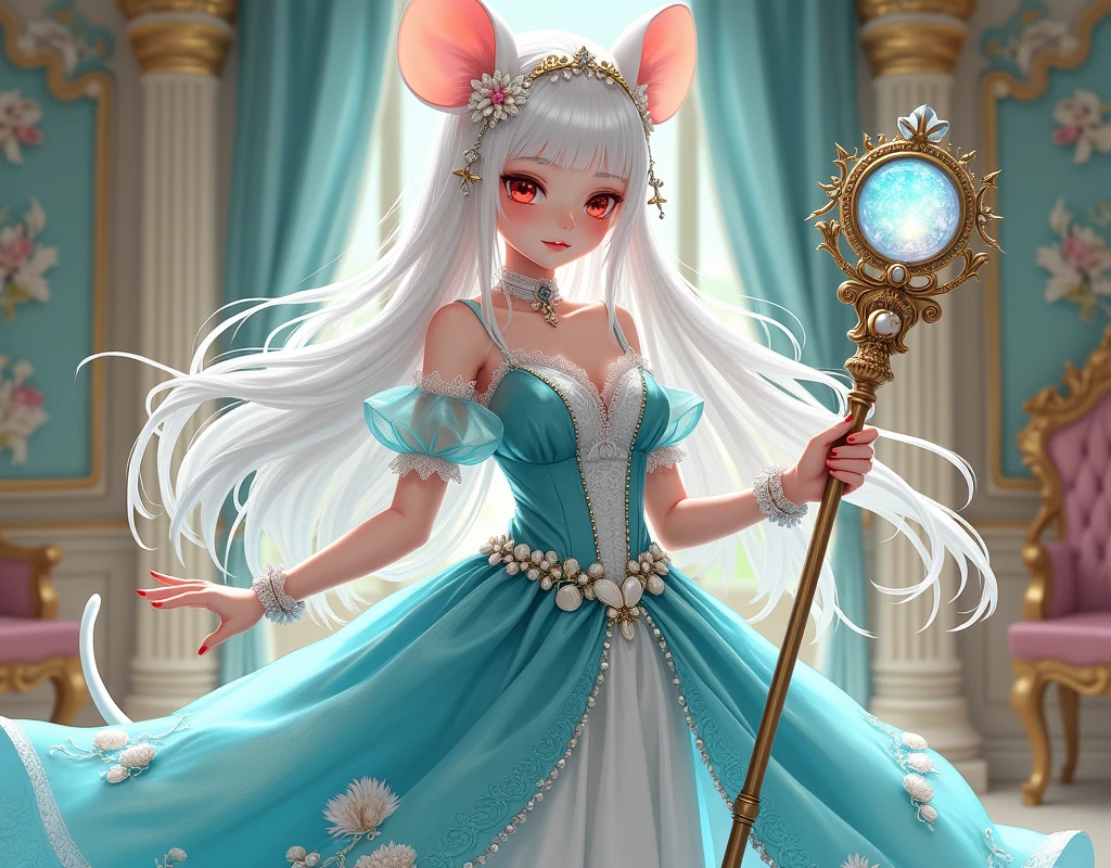 (best quality,4k,8k,highres,masterpiece:1.2), ultra-detailed, Pretty albino girl has a princess of the sea, drawn in 2D anime style, steampunk, wearing a iridescent turquoise princess gown with puffy sleeves, steampunk, gorgeous frilly dress design,flowing gown, elaborate lace details,rich textures,contrast stitching,delicate ribbon bows, seashells embroidery, full skirt with ocean wave pattern,short sleeves,fitted waistline,translucent flowing layered sleeves,lace-up back,luxurious fabrics,flawless silhouette, very long curly white hair adorned with hair accessories, red eyes, white fur, smiling, mouse ears and tail, ribboned high heels, white elbow evening gloves, pearl bracelets, tiara made of seashells, beautifully detailed lips with lipstick, long eyelashes, eyeshadow, seashell necklace, in a castle bedroom with intricate decoration and luxurious furniture, flower wallpaper, she is holding a magic staff made of seashells and pearls.