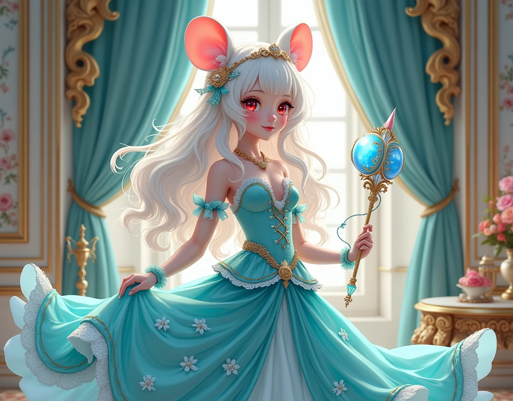 (best quality,4k,8k,highres,masterpiece:1.2), ultra-detailed, Pretty albino girl has a princess of the sea, drawn in 2D anime style, steampunk, wearing a iridescent turquoise princess gown with puffy sleeves, steampunk, gorgeous frilly dress design,flowing gown, elaborate lace details,rich textures,contrast stitching,delicate ribbon bows, seashells embroidery, full skirt with ocean wave pattern,short sleeves,fitted waistline,translucent flowing layered sleeves,lace-up back,luxurious fabrics,flawless silhouette, very long curly white hair adorned with hair accessories, red eyes, white fur, smiling, mouse ears and tail, ribboned high heels, white elbow evening gloves, pearl bracelets, tiara made of seashells, beautifully detailed lips with lipstick, long eyelashes, eyeshadow, seashell necklace, in a castle bedroom with intricate decoration and luxurious furniture, flower wallpaper, she is holding a magic staff made of seashells and pearls.