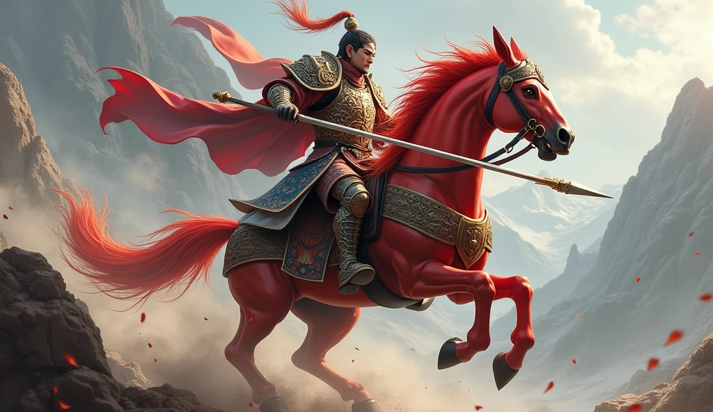 Lu Bu riding the Red Hare holding a spear