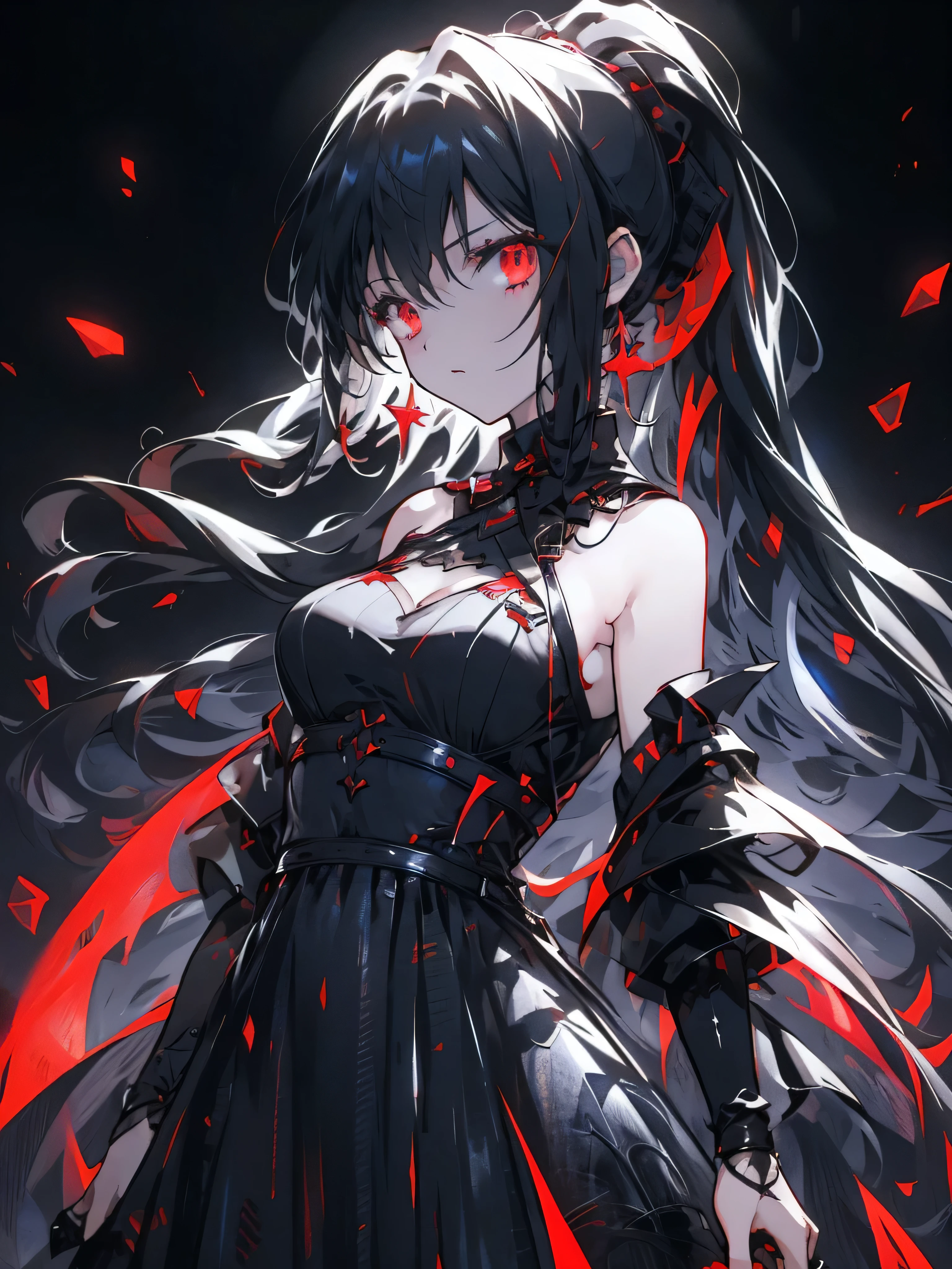 1girl, solo, black hair, red eyes, glowing eyes, ponytail, front view, medium breast, expressionless, Veil, Hair, Black Dress, Off-Shoulder Dress, Long Sleeges, Long Dress, frontslit, (Gothic), slim, dark ambience, night, dark room, looking at viewer, front view