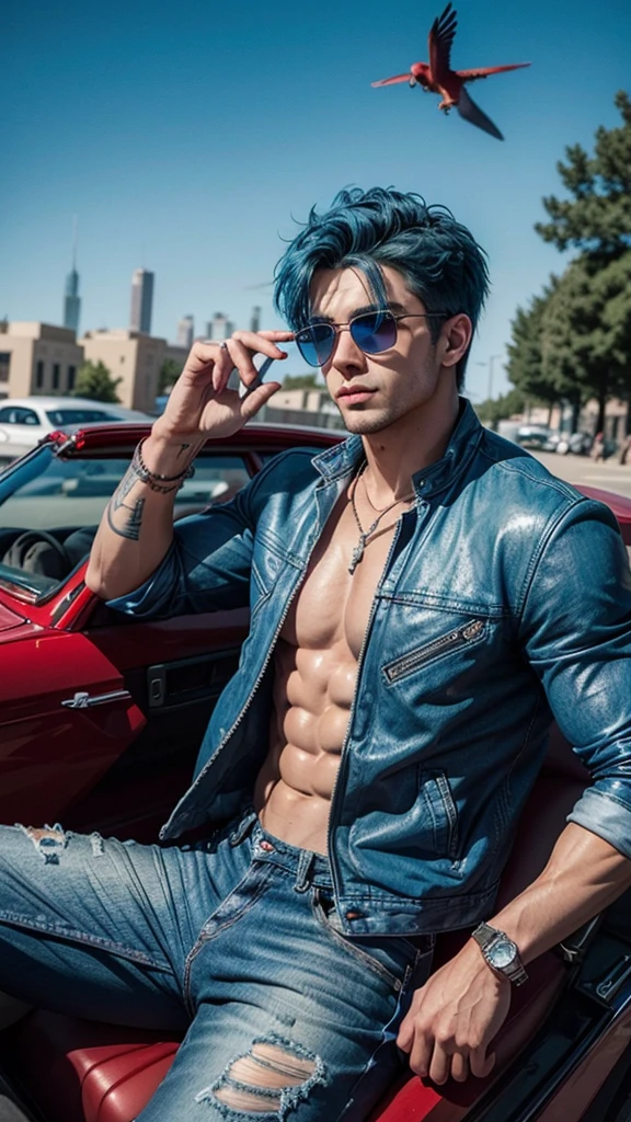 A muscular man with blue hair and sunglasses sits in a red convertible car with a firebird flying in the background. He is wearing a blue leather jacket and ripped jeans..  The man looks confident and relaxed, enjoying the sunny weather. The firebird adds to the epic atmosphere of the scene.