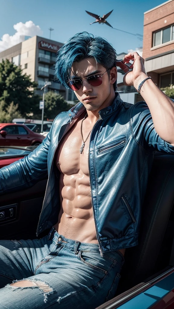 A muscular man with blue hair and sunglasses sits in a red convertible car with a firebird flying in the background. He is wearing a blue leather jacket and ripped jeans.. The man looks confident and relaxed, enjoying the sunny weather. The firebird adds to the epic atmosphere of the scene.