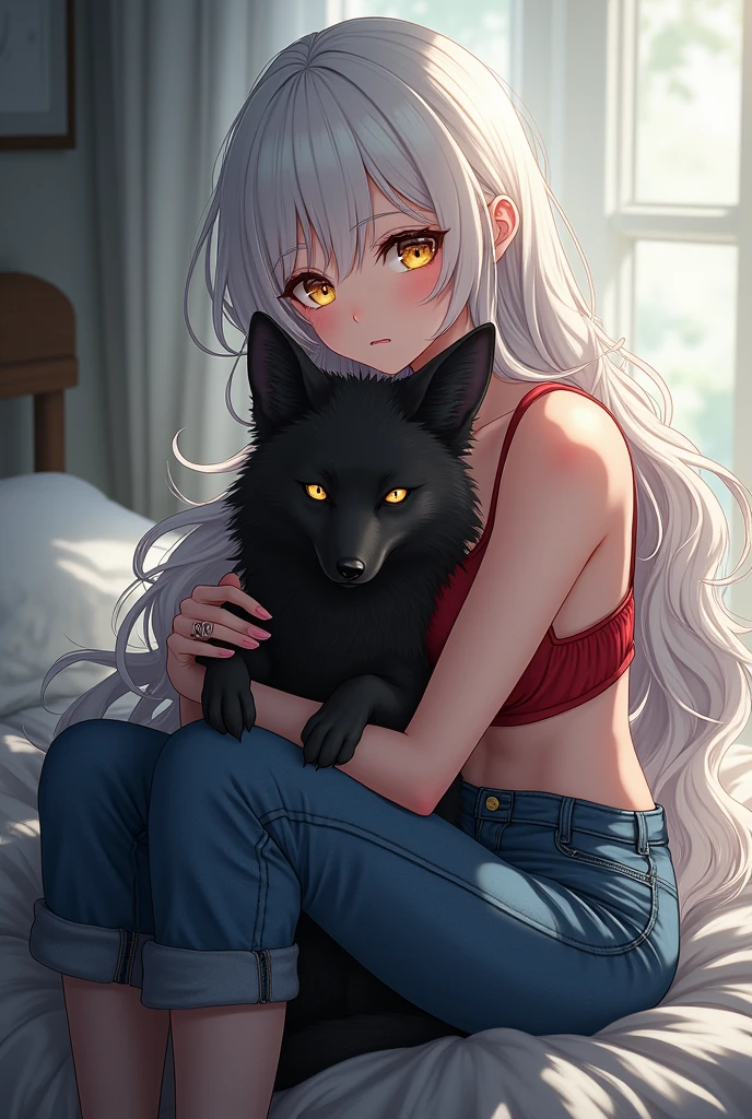  Woman with long loose semi wavy white hair sitting on a bed with her legs crossed with golden eyes, dressed in a red bra and loose jeans holding a black jackal in her arms lying on her back with its paws up, on the girl&#39;s face in anime style