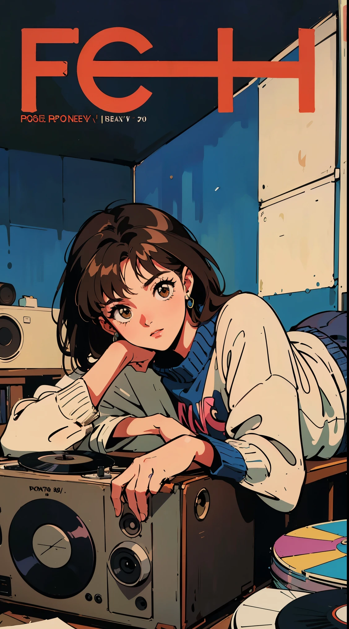 Best image quality, 1980s-style animation,  Light brown eyes,  Wear a loose sweatshirt,  Magazine Cover, whole body ,Pose Girl lying on futon, Brown Hair, Surrounded by vinyl records and vintage record players,