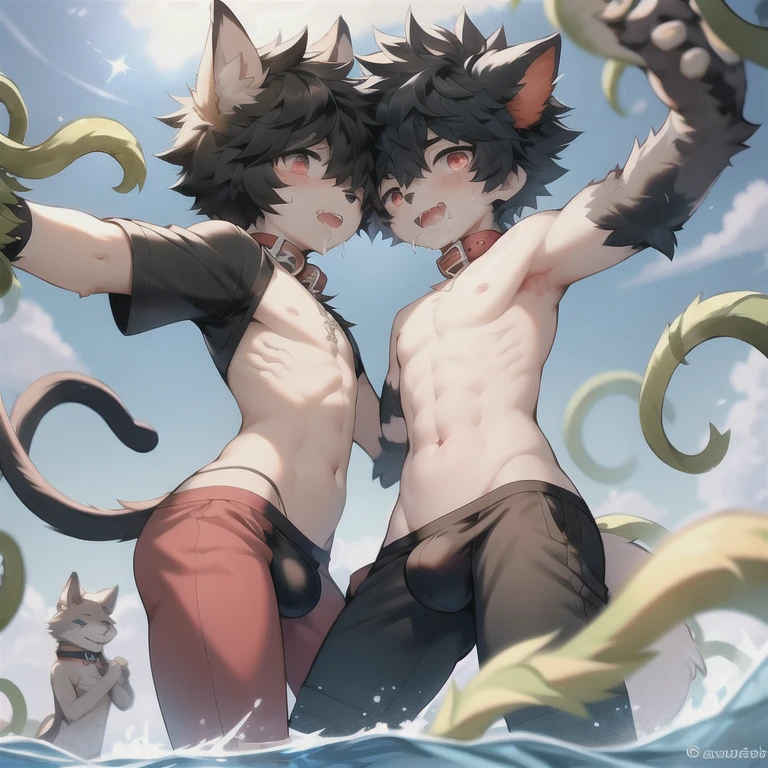 The whole body is covered with talisman paper，happy，Shota，Bulge in pants，blush，emaciated，little devil，Devil Horns，Orange-red eyes，Brownish-black skin，As a pet，Collar，Demon King，Hypnosis，Swimming pants，muscle，章鱼Tentacles ，Tentacles，fighting，estrus，Get Down，Fangs，Kiss，Foaming at the mouth，Stick out your tongue，Slobber，Be played，painfully，Tears，Topless，fuzzy，A lot of hair，Black Cat