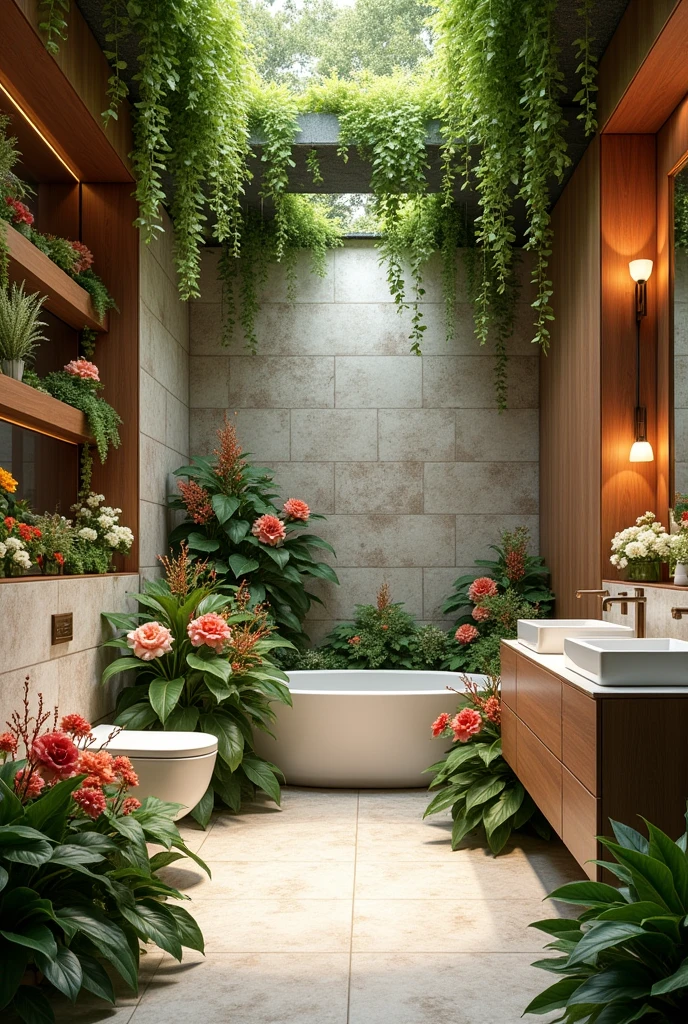 A modern bathroom that, upon entering, looks like a garden of flowers and plants with wooden details and 4 by 4 meters 