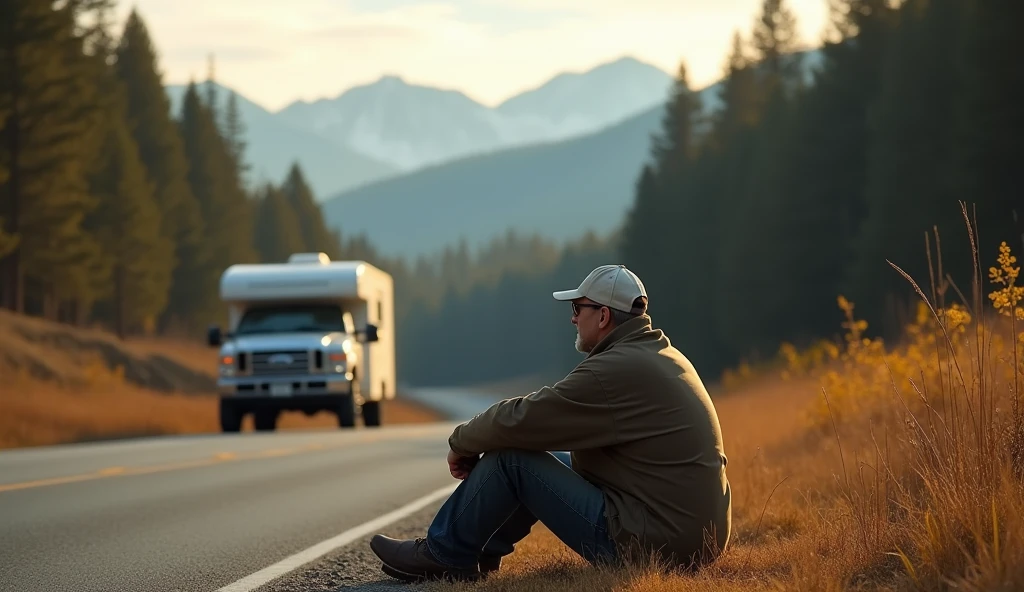 My story begins on the open roads. A middle-aged man sits on the side of the road, facing us, stocky, in a baseball cap - a connoisseur of freedom, who likes the feeling of endless space in front of him. There is a pickup truck with a camper trailer nearby., in the background of which forest and mountains are visible.| soft, Unobtrusive lighting; Dreamy and surreal composition | Sony и A7R IV с объективом Sony Fe 85 мм F/1,4G | clear picture of details; Smooth background transition -AR 9:16 -тип исходного материала -stylize 75 -stop 90 -in 6.1