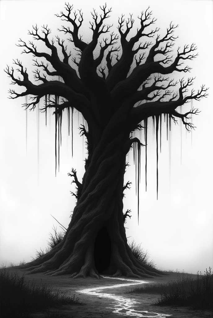 A huge black tree on a black and white screen, let's look at the tree from the middle on the ground, but let the tree be drooping.