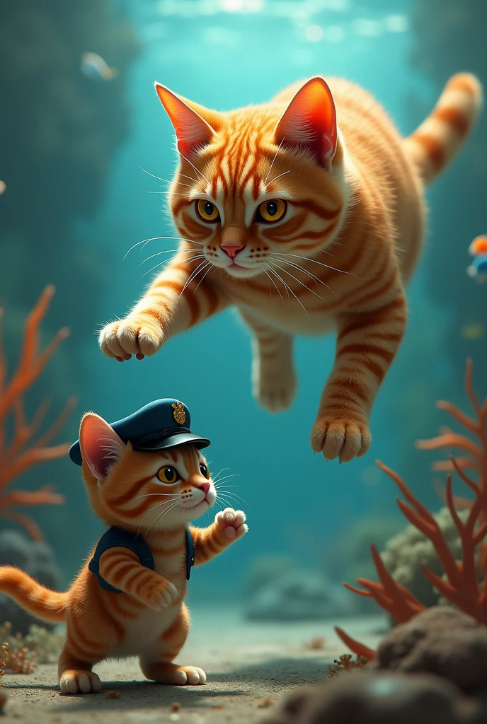 An orange cat Just as the cat grabs the fish, a second cat—dressed in a tiny police hat—appears, blocking the escape route