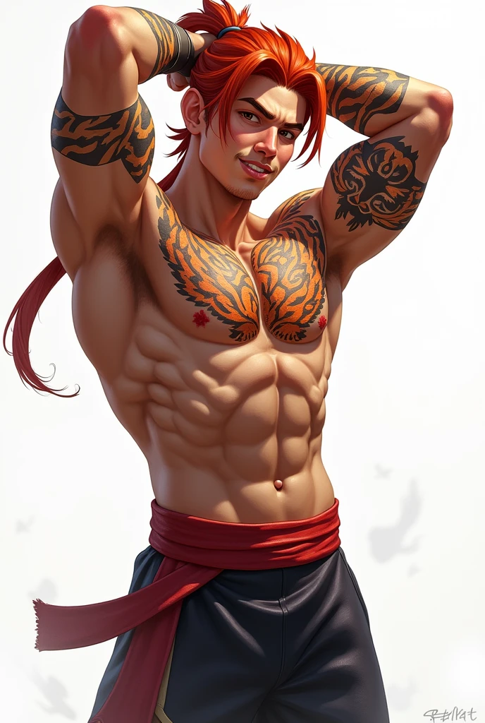 handsome moba character muai thai fighter with red hair and red tattoo tiger marks on his arm that cover his whole arm, a scar in the nose and the chest, tied back hair , making a fighting pose smiling, arms above head, charming character , young adult, white background , digital painting, game artwork splash art, full body view