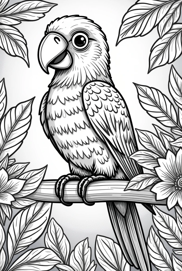 Create a coloring book page featuring a colorful parrot with simple, bold outlines. The parrot should have an expressive face, vibrant feathers, and a curved beak. Include a few simple background elements like tropical leaves, a perch, and a few flowers. The design should be easy to color with large, clear areas. Add a title at the top that says “Tropical Parrot Adventure.” Use single-sided pages with a simple border around the illustration.