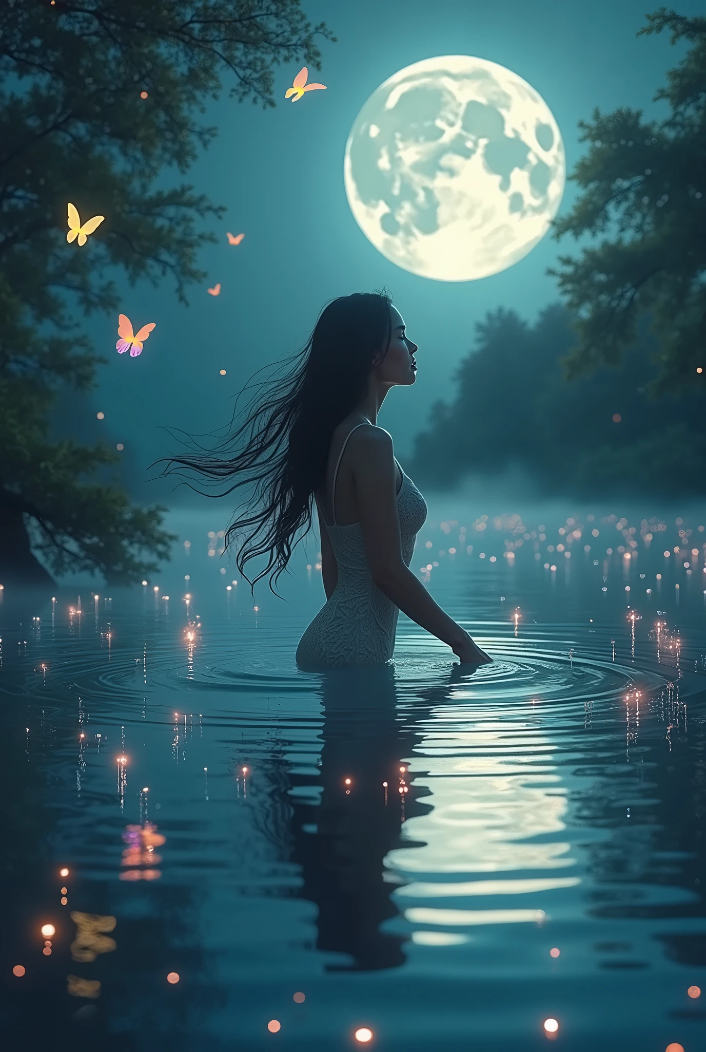 A serene scene of a woman gracefully bathing in a tranquil lake under the soft glow of a full moon, surrounded by a myriad of fluttering fireflies and vibrant, colorful butterflies dancing in the night air. Illuminated by the gentle moonlight and the flickering lights of the fireflies, creating a magical and ethereal ambiance.