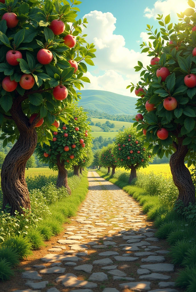 Intensive apple trees that are really small that are around the road covered in stones on each side appropriate for a resort
