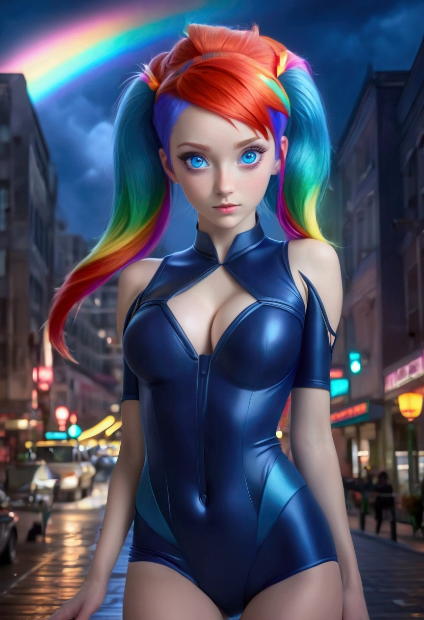 1 girl in, Yui, (NSFW), Cute 1 redhead girl with two tails, ((Perfect female body)) multiple (rainbow hair: 1.2), (Beautiful, Dark blue eyes: 1.6), (Photorealistic eyes: 1.6), glad, Ukrainian, (Small body), ((small hips)), white pale skin, (perfect tits), (cammel toe), Glossy oily pantyhose, One Piece Jersey, futuristic city backdrop, Gloomy multicolored lighting, Very dark sky, photos realistic, Dynamic lighting.
