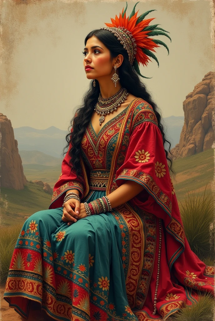 Mexican painting of an indigenous woman sitting wearing traditional clothing. Make it like an old painting or photo 