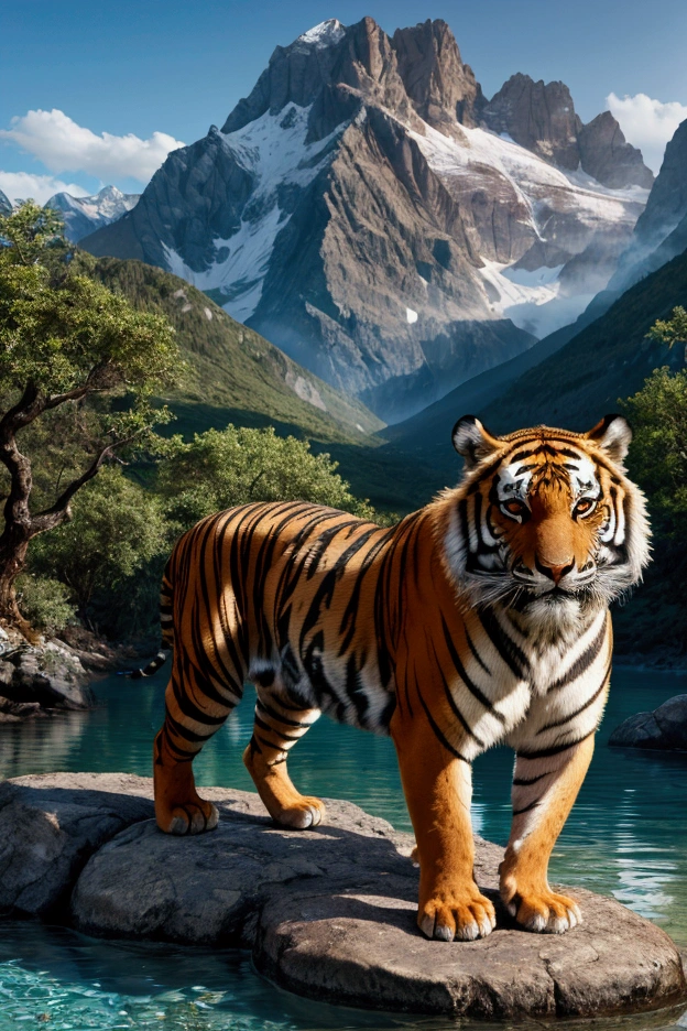 Image in high resolution, full HD, lighting in the upper left, a tiger, realistic, in nature, mountains in the background, vegetation, crystalline water, realistic image.