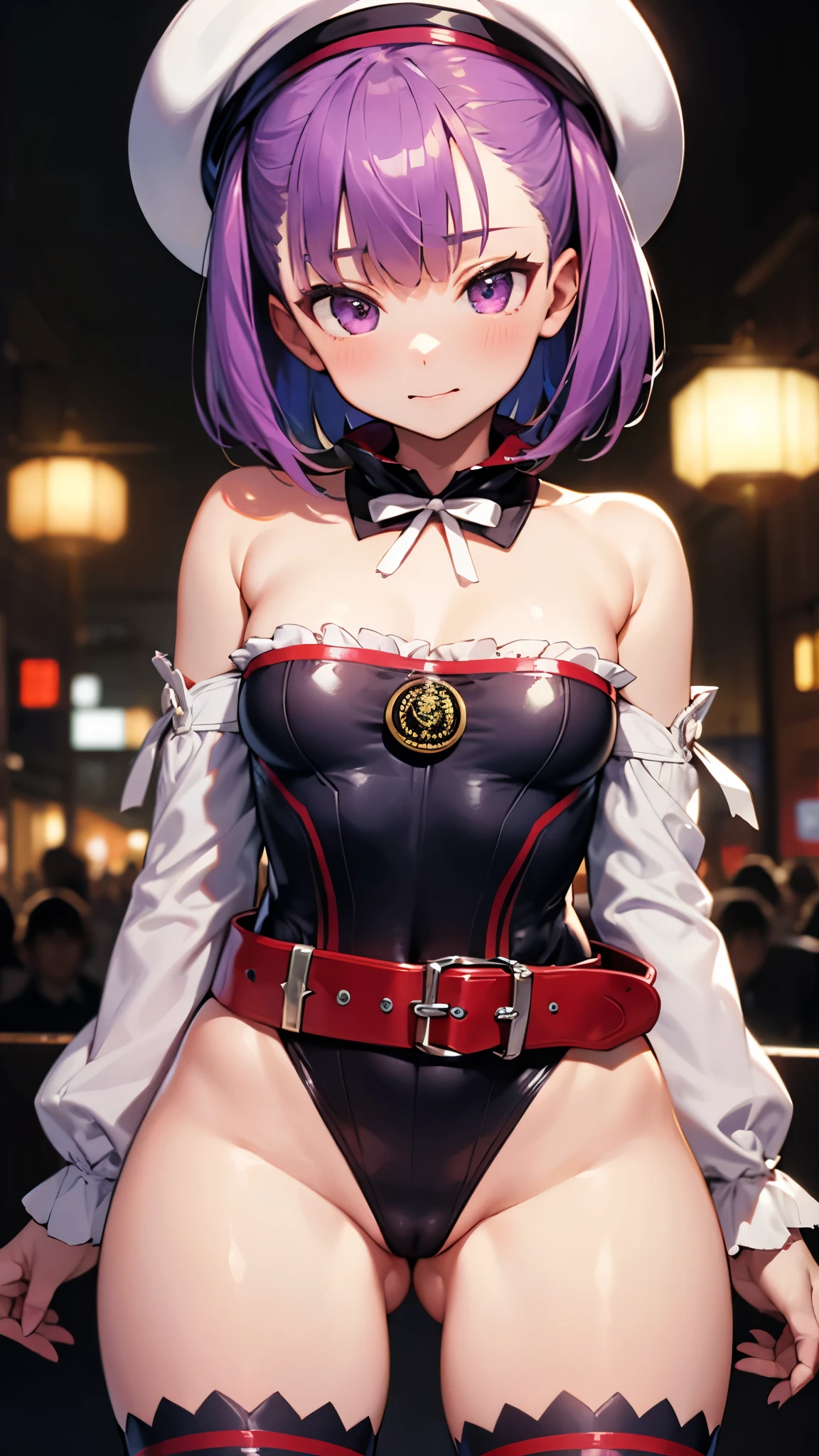 NSFW,masterpiece,Highest quality,High resolution,Very detailed,Elena Blavatsky、Purple Hair、short hair、(Purple eyes:1.1)、Shoulder Bare、belt、beret、ribbon、- Detachable collar、Removable sleeves、hat、leotard、紫色のhat、紫色のleotard、赤いbelt、白いribbon、White sleeves、