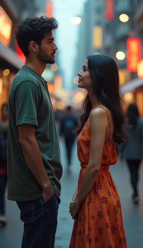 In a bustling city street, a young woman in a vibrant dress stands with a hopeful expression, her eyes fixed on a man walking ahead of her. The man, dressed in casual attire, is oblivious to her presence and continues walking with his back turned. The scene captures the woman's longing and the man's indifference, with the background filled with blurred city lights and pedestrians, emphasizing the emotional distance