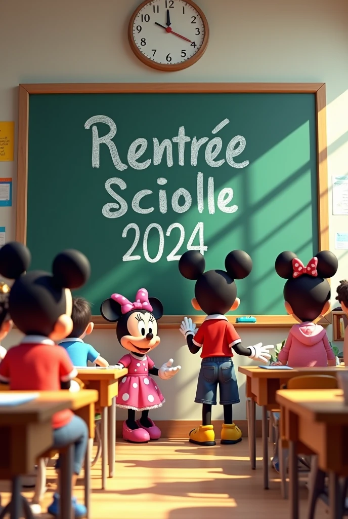 Ecrire " RENTREE SCOLAIRE 2024 " sur le tableau de l'ecole avec des personnages de Disney modernes. 