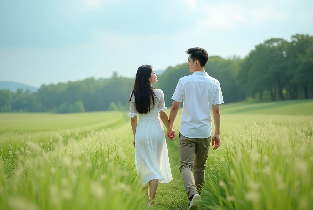 High Resolution, Masterpiece, Accurate, Best Quality, Detail, High Quality, realistic photo. A young 20 years old asian women, long dark hair, white skin, wearing a white long dress, black jeans, height: 155 cm, weight: 45 kg. A 2 man, short straight hair, wearing a white shirt, height: 160 cm, weight: 55 kg. They are walking hand in hand through a vast green field. The man is wearing a white shirt and khaki pants, while the woman has long dark hair. They are both smiling and appear to be enjoying each other's company. The field is filled with tall, green plants, and there are trees in the background. The sky is blue and the overall mood of the image is peaceful and serene.